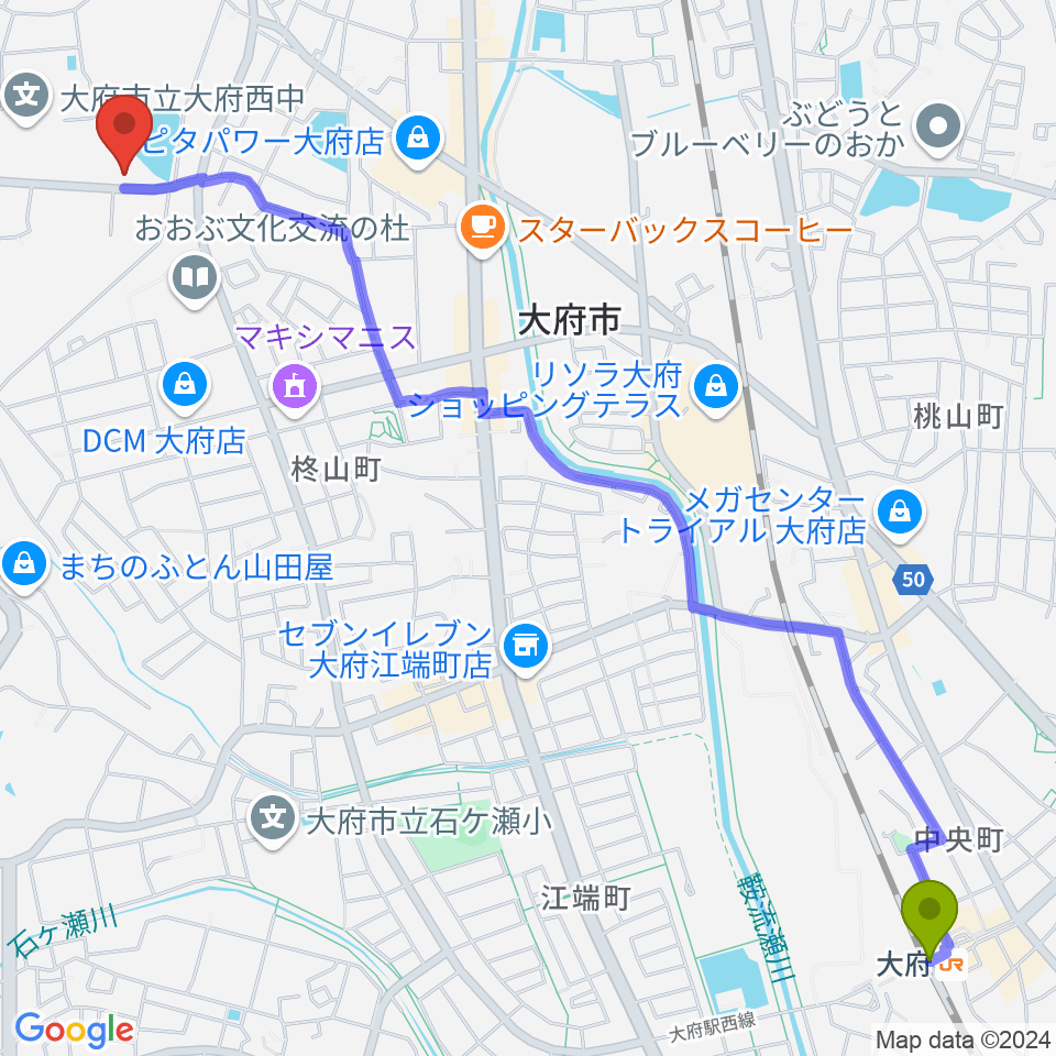 大府駅からナルキュウ体育センターへのルートマップ地図