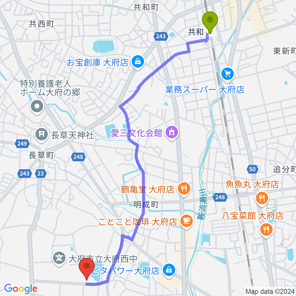 ナルキュウ体育センターの最寄駅共和駅からの徒歩ルート（約29分）地図