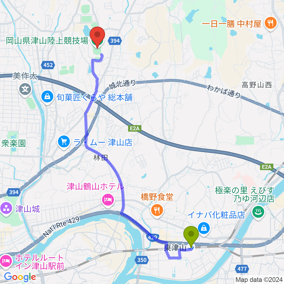 岡山県津山陸上競技場の最寄駅東津山駅からの徒歩ルート（約48分）地図