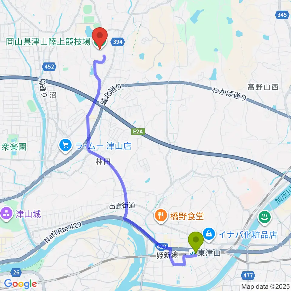 岡山県津山陸上競技場の最寄駅東津山駅からの徒歩ルート（約48分）地図