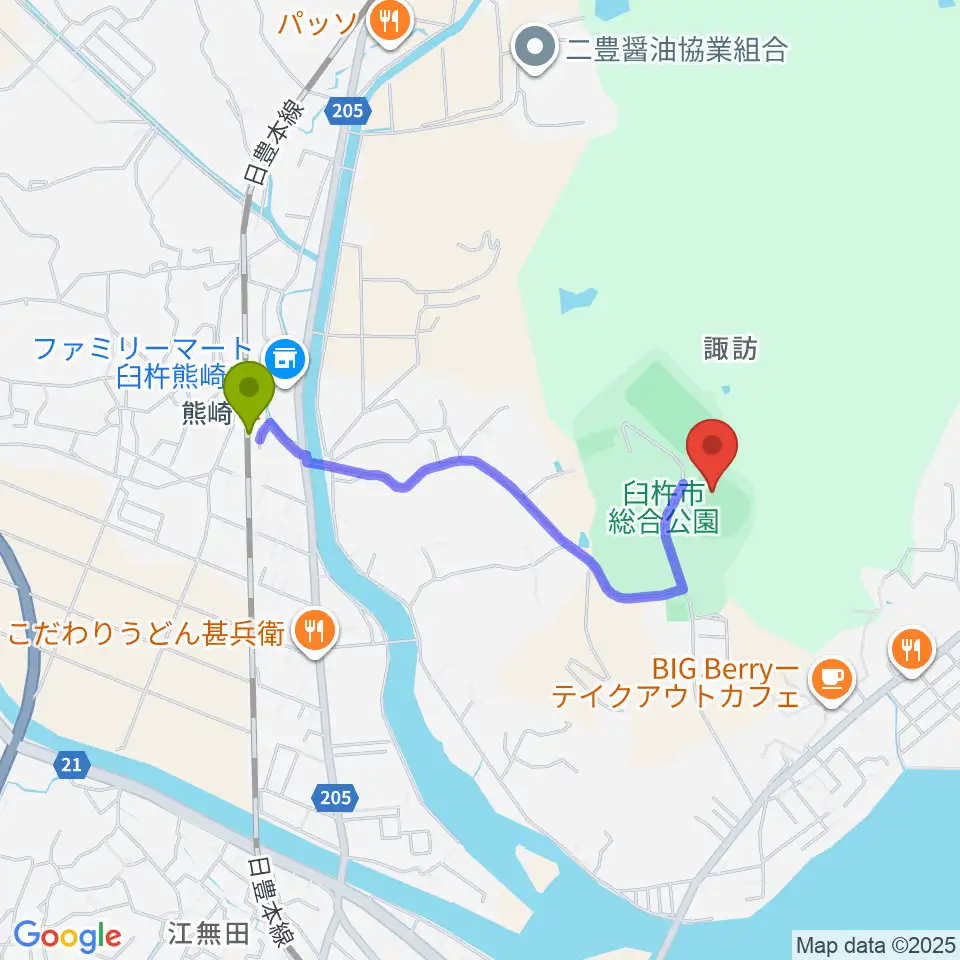 フジジンの杜スタジアムの最寄駅熊崎駅からの徒歩ルート（約16分）地図