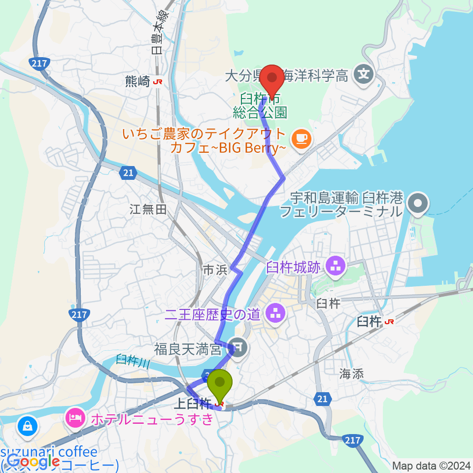 上臼杵駅からフジジンの杜スタジアムへのルートマップ地図