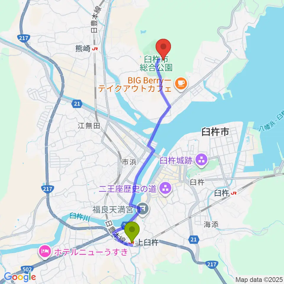上臼杵駅からフジジンの杜スタジアムへのルートマップ地図