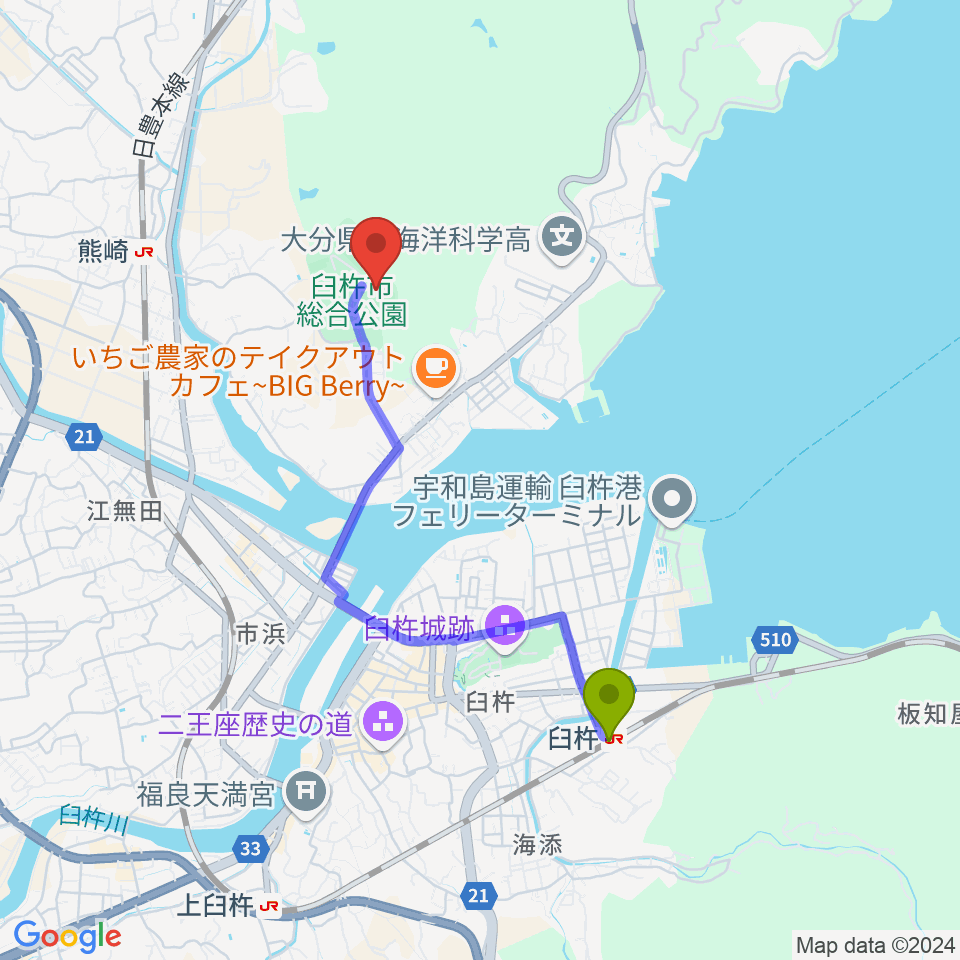 臼杵駅からフジジンの杜スタジアムへのルートマップ地図