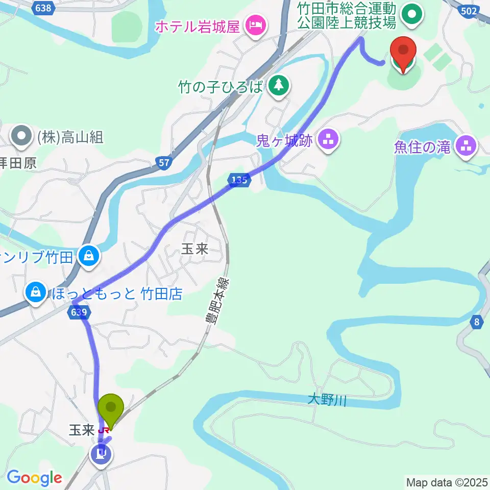 玉来駅から竹田丸福スタジアムへのルートマップ地図