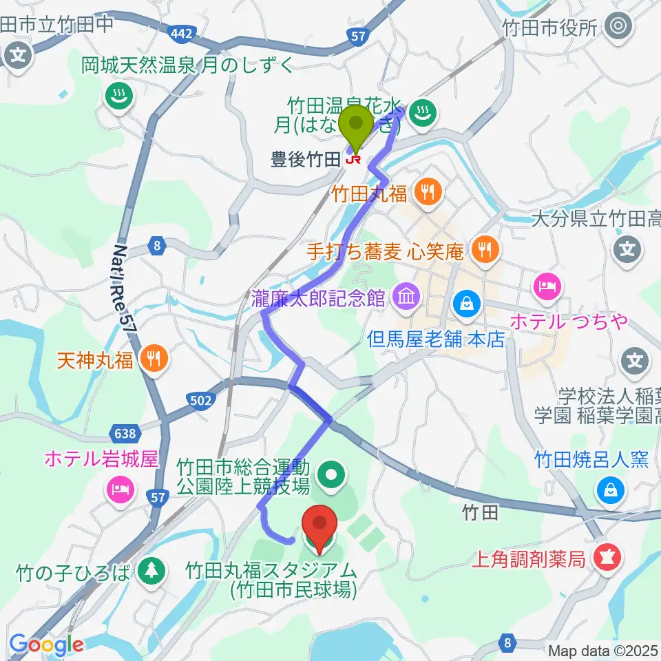 竹田丸福スタジアムの最寄駅豊後竹田駅からの徒歩ルート（約19分）地図