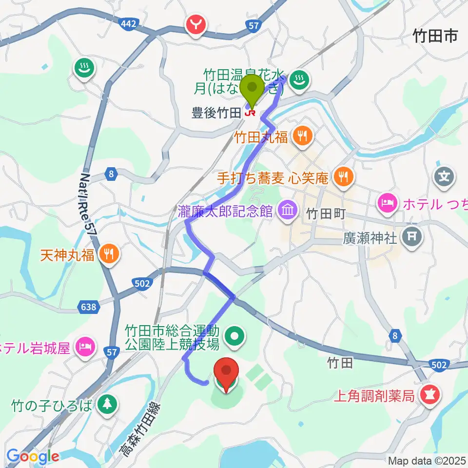 竹田丸福スタジアムの最寄駅豊後竹田駅からの徒歩ルート（約19分）地図