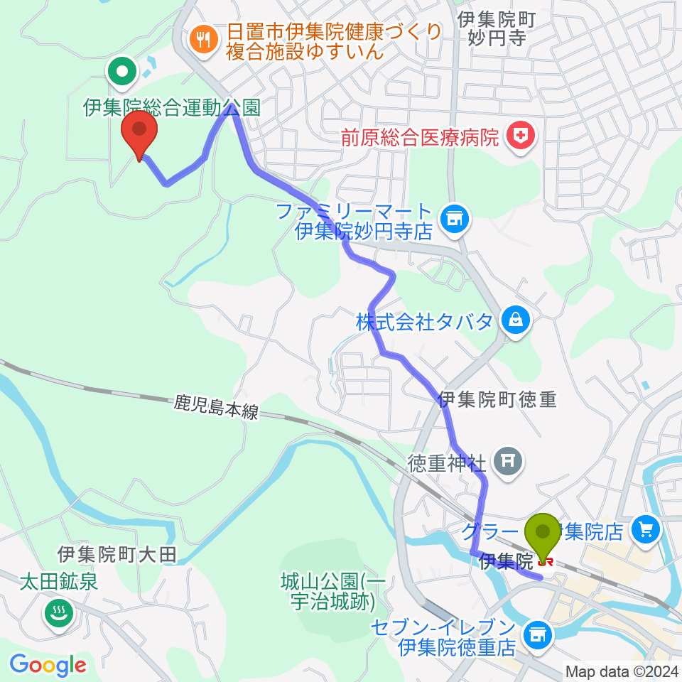 YOSHIKOUスタジアム伊集院の最寄駅伊集院駅からの徒歩ルート（約27分）地図