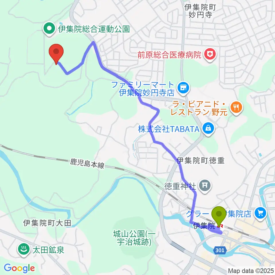 YOSHIKOUスタジアム伊集院の最寄駅伊集院駅からの徒歩ルート（約27分）地図