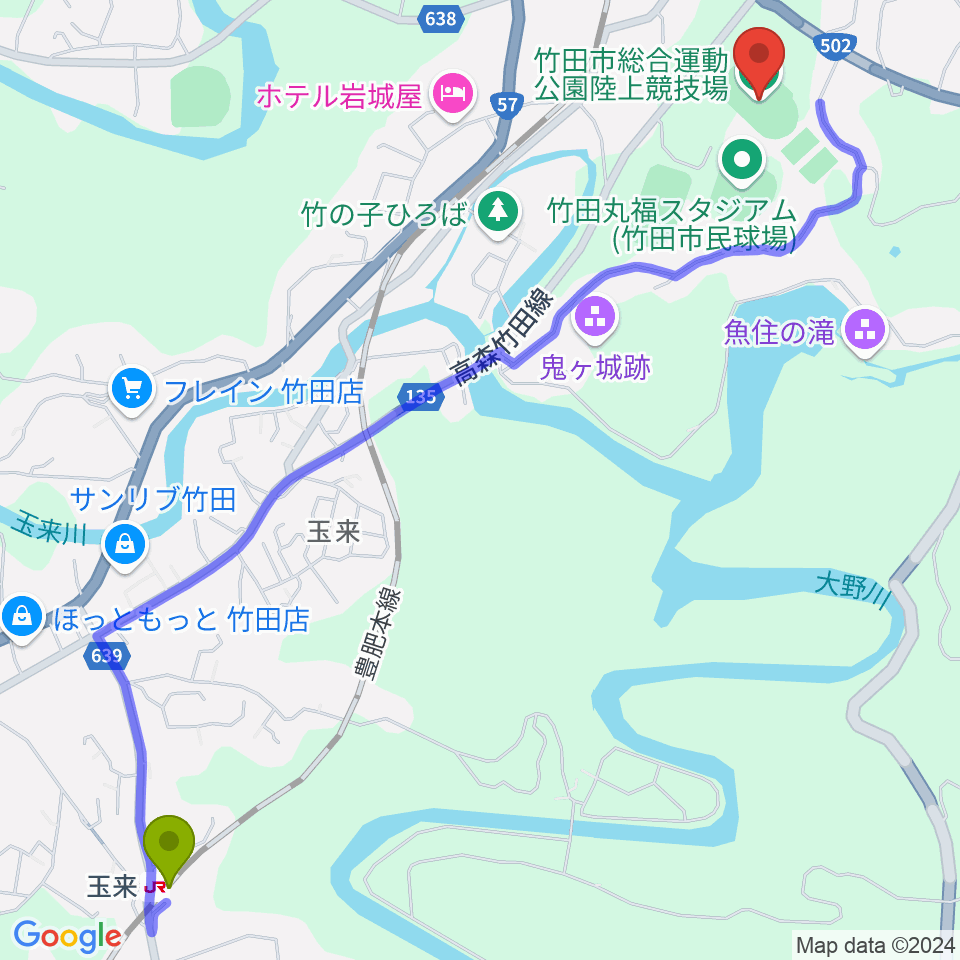 玉来駅から竹田丸福陸上競技場へのルートマップ地図