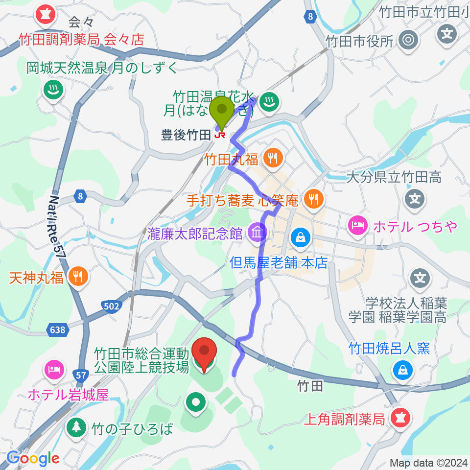 竹田丸福陸上競技場の最寄駅豊後竹田駅からの徒歩ルート（約16分）地図