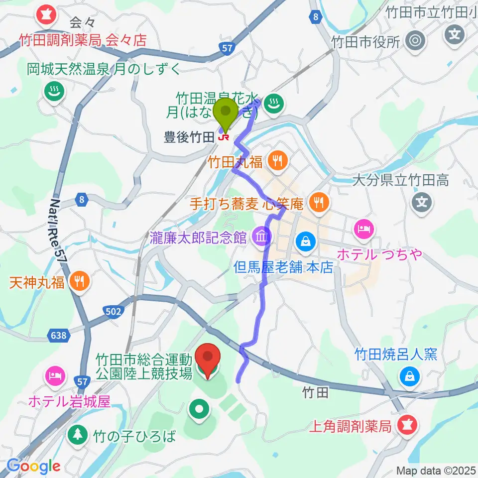 竹田丸福陸上競技場の最寄駅豊後竹田駅からの徒歩ルート（約16分）地図