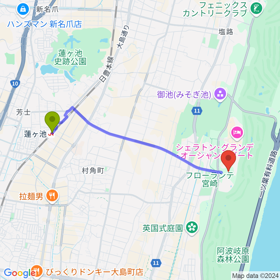 アミノバイタルトレーニングセンター宮崎の最寄駅蓮ケ池駅からの徒歩ルート（約42分）地図