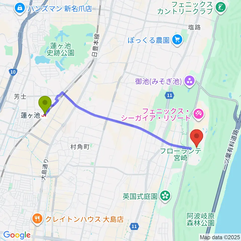 アミノバイタルトレーニングセンター宮崎の最寄駅蓮ケ池駅からの徒歩ルート（約42分）地図