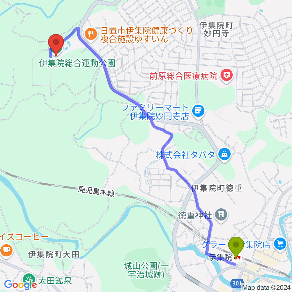 伊集院総合運動公園あいハウジング陸上競技場の最寄駅伊集院駅からの徒歩ルート（約30分）地図