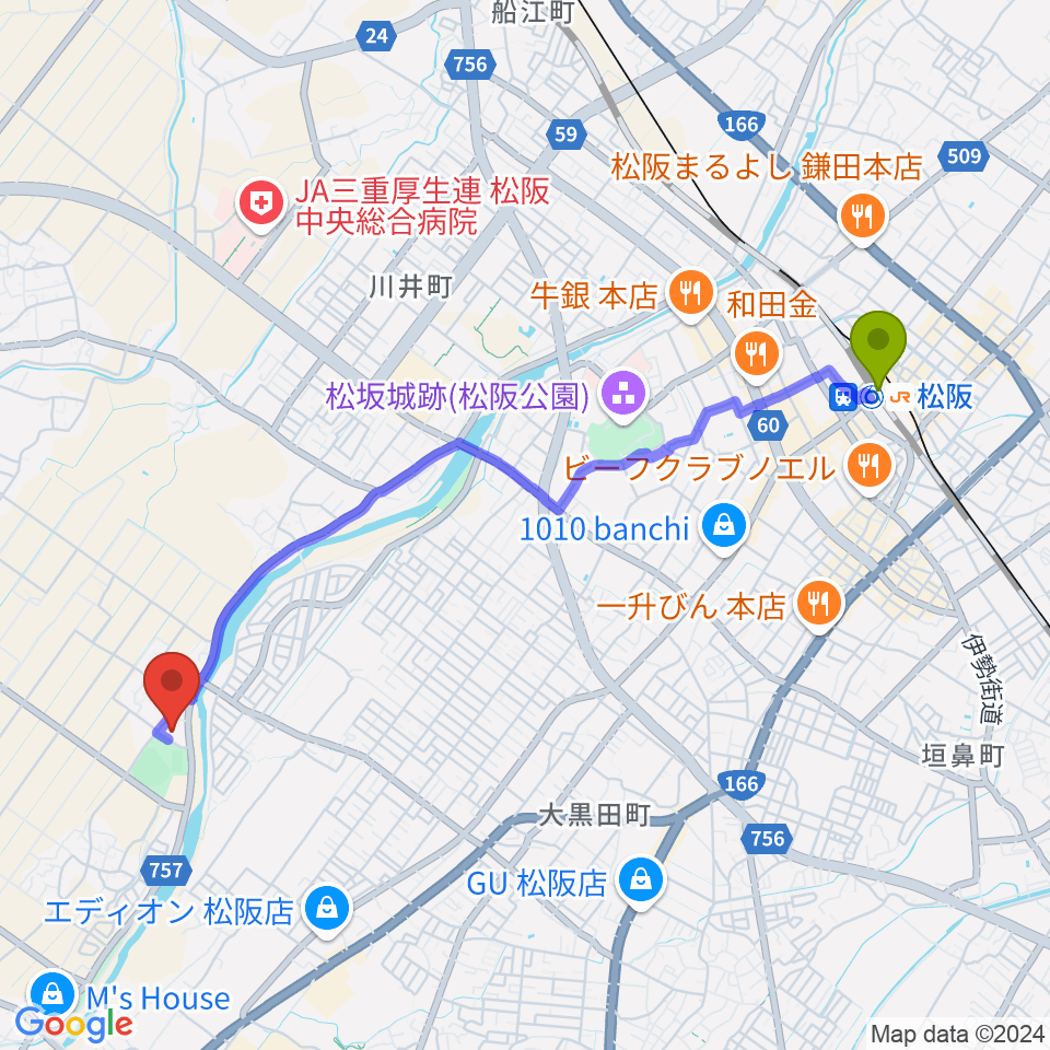 松阪牛の里オーシャンファーム武道館の最寄駅松阪駅からの徒歩ルート（約47分）地図