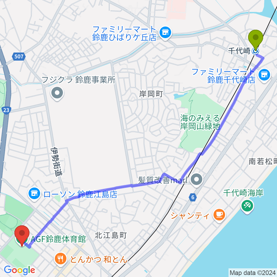 千代崎駅からAGF鈴鹿体育館へのルートマップ地図