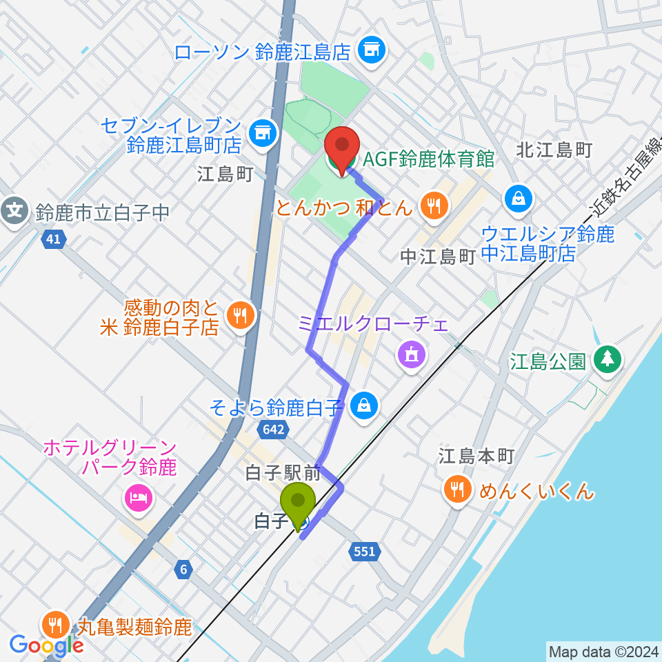 AGF鈴鹿体育館の最寄駅白子駅からの徒歩ルート（約17分）地図