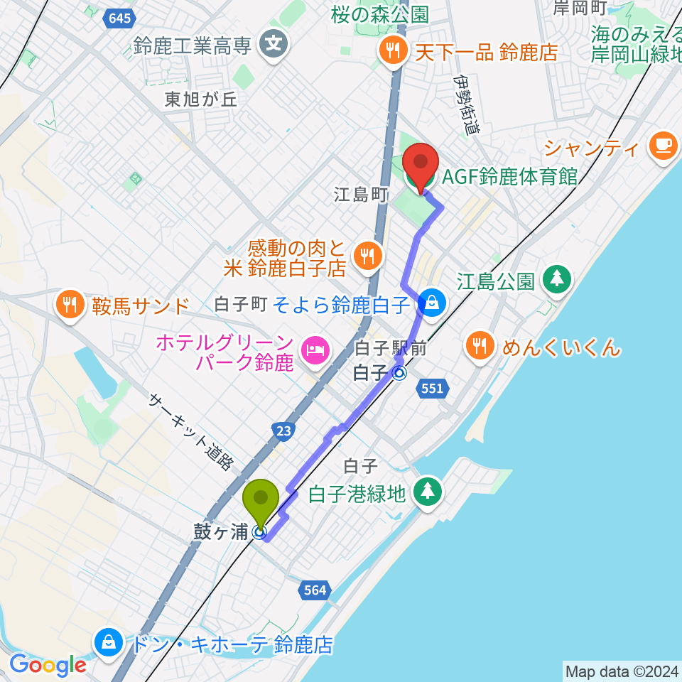 鼓ヶ浦駅からAGF鈴鹿体育館へのルートマップ地図