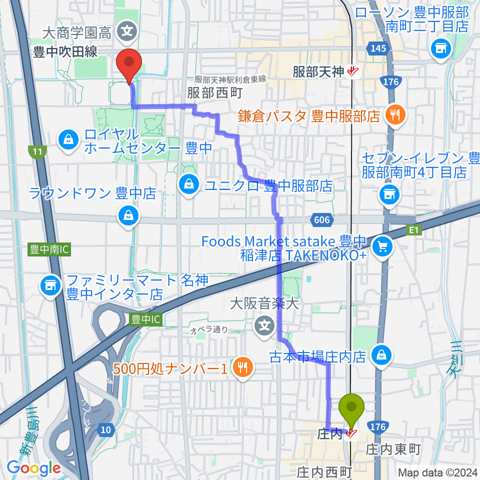 庄内駅からマリンフード豊中スイミングスタジアムへのルートマップ地図