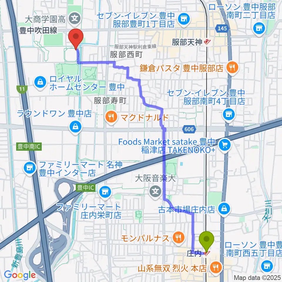 庄内駅からマリンフード豊中スイミングスタジアムへのルートマップ地図