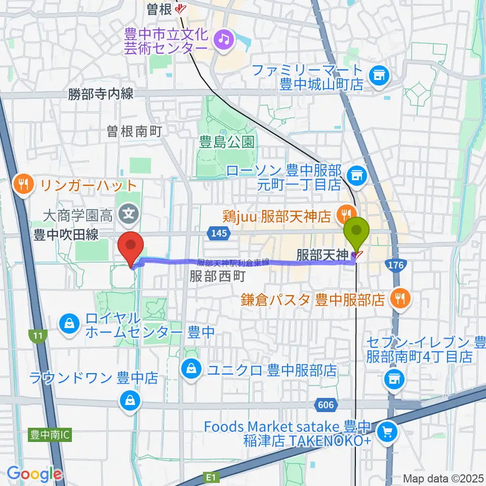 マリンフード豊中スイミングスタジアムの最寄駅服部天神駅からの徒歩ルート（約15分）地図