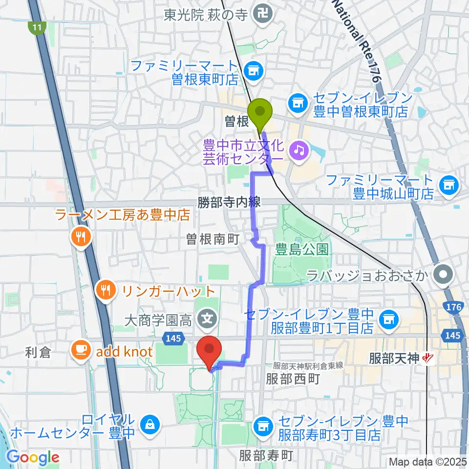 曽根駅からマリンフード豊中スイミングスタジアムへのルートマップ地図