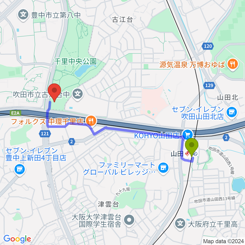 山田駅から豊泉家千里体育館へのルートマップ地図