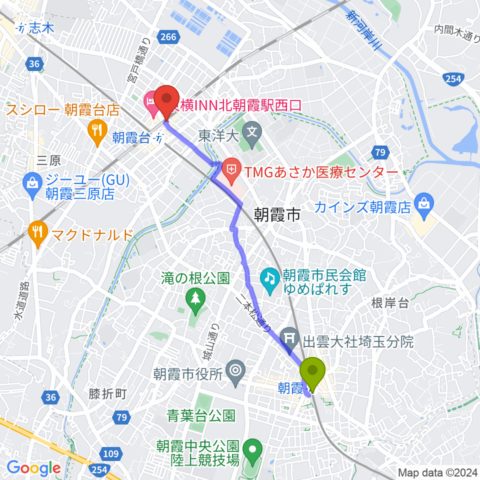 朝霞駅からサウンドスタジオ アベルへのルートマップ地図