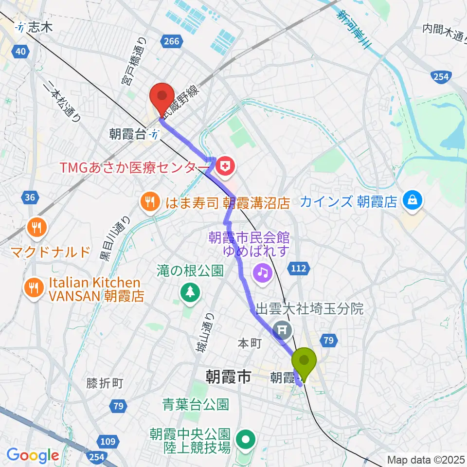朝霞駅からサウンドスタジオ アベルへのルートマップ地図