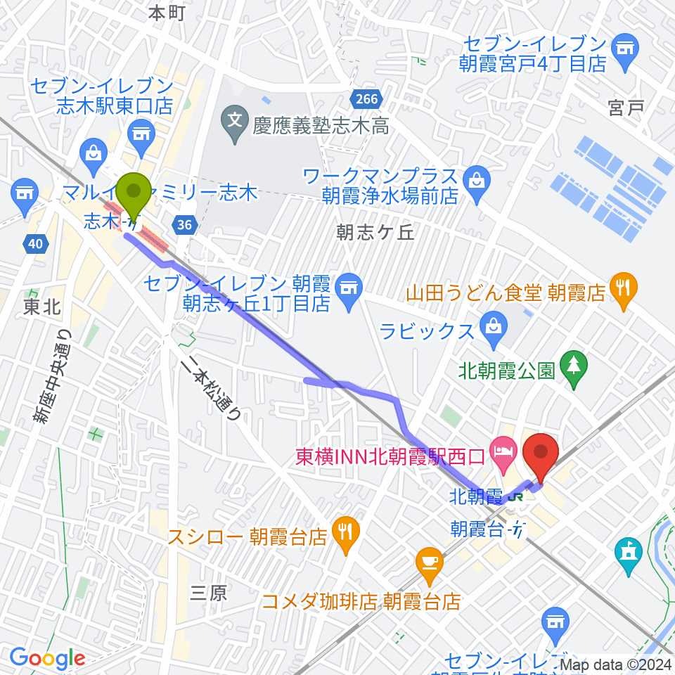 志木駅からサウンドスタジオ アベルへのルートマップ地図