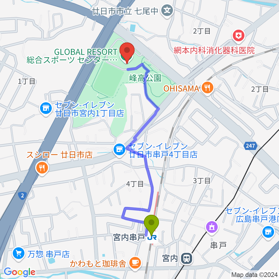 グローバルリゾート総合スポーツセンターサンチェリーの最寄駅宮内串戸駅からの徒歩ルート（約10分）地図