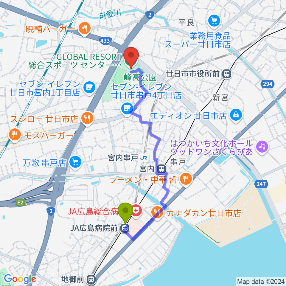 ＪＡ広島病院前駅からグローバルリゾート総合スポーツセンターサンチェリーへのルートマップ地図