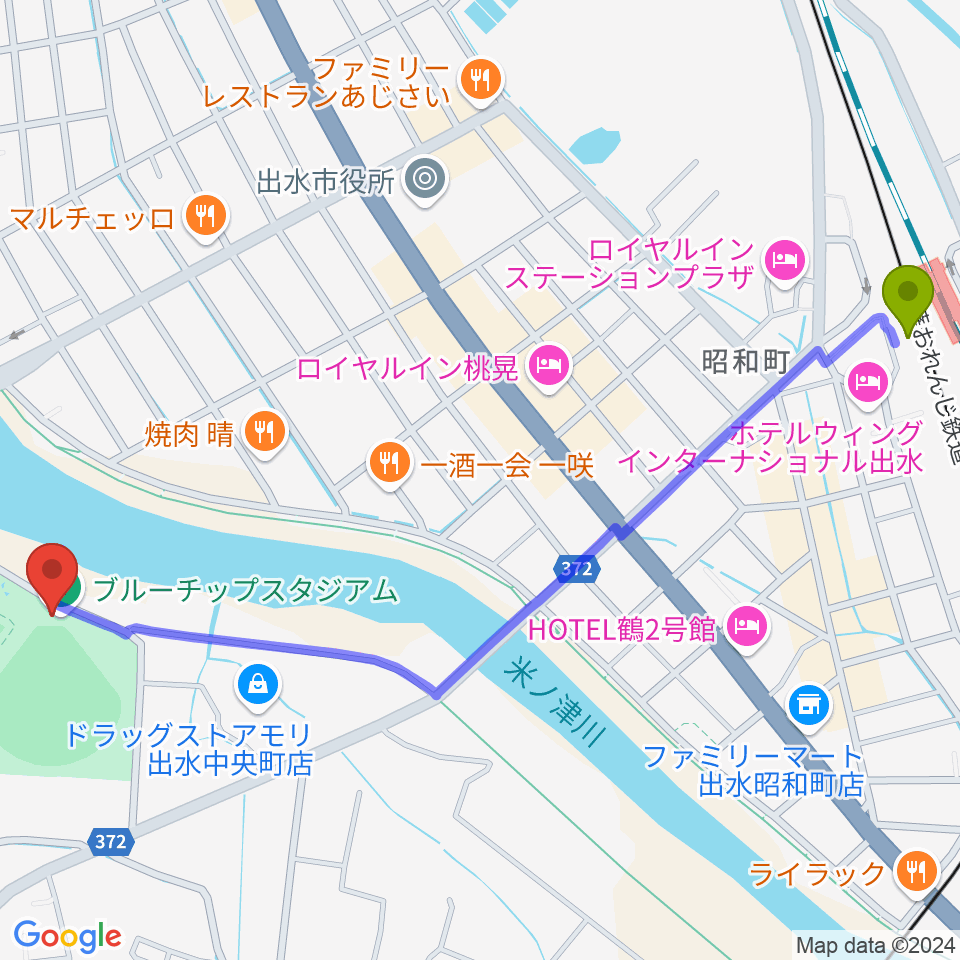 ブルーチップスタジアムの最寄駅出水駅からの徒歩ルート（約15分）地図