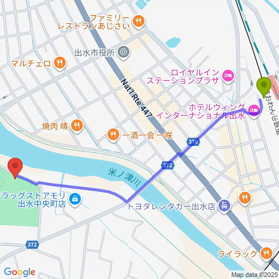 ブルーチップスタジアムの最寄駅出水駅からの徒歩ルート（約15分）地図