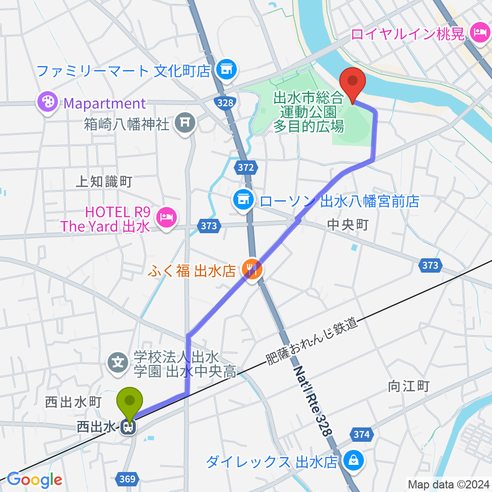 西出水駅からブルーチップスタジアムへのルートマップ地図