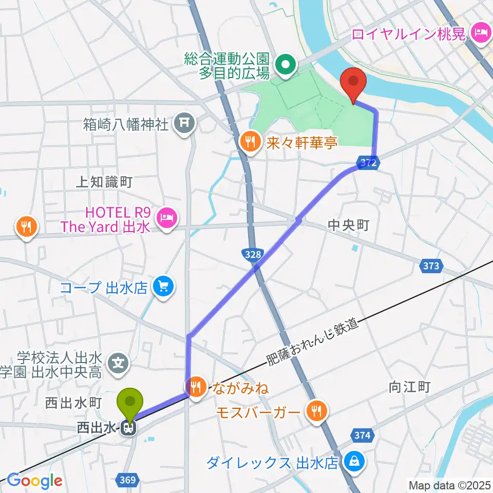 西出水駅からブルーチップスタジアムへのルートマップ地図