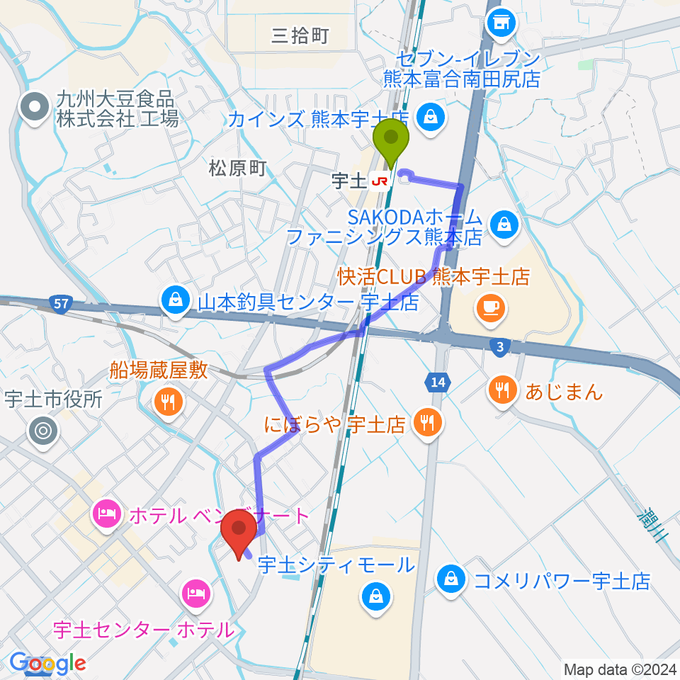 ecowin宇土アリーナの最寄駅宇土駅からの徒歩ルート（約20分）地図