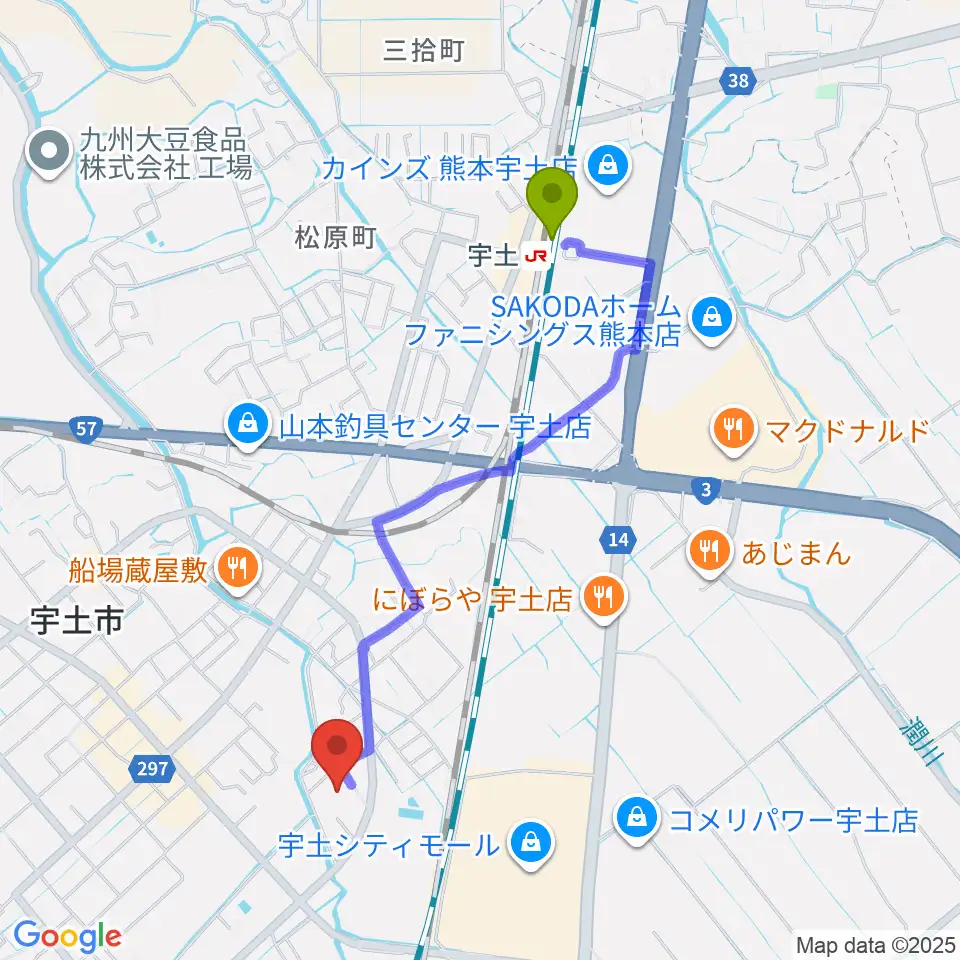 ecowin宇土アリーナの最寄駅宇土駅からの徒歩ルート（約20分）地図