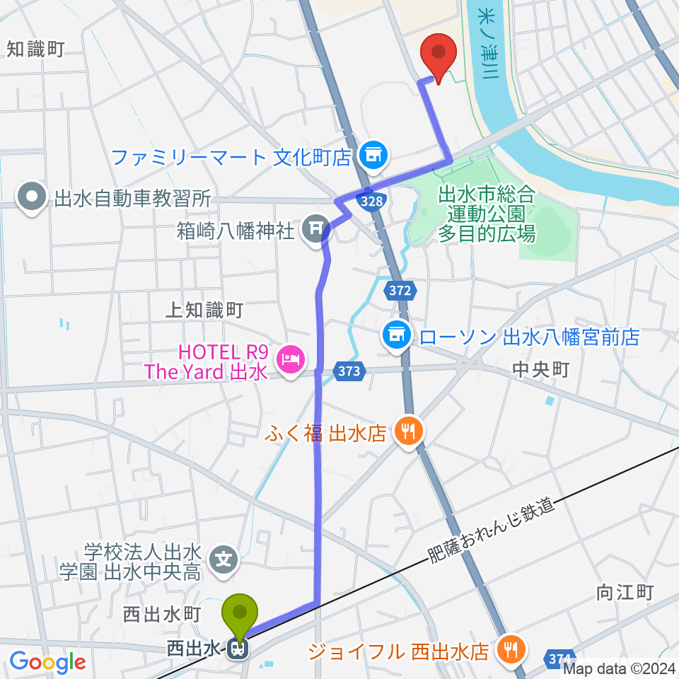 西出水駅からマルマエスポーツセンター出水へのルートマップ地図