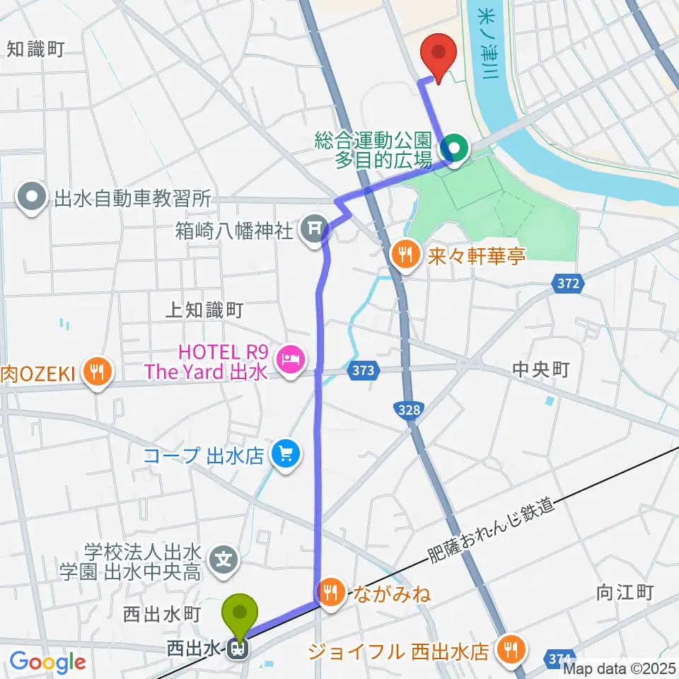 西出水駅からマルマエスポーツセンター出水へのルートマップ地図