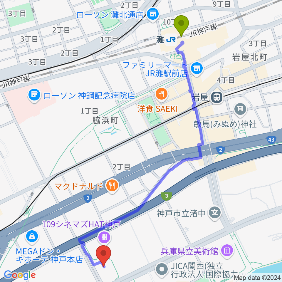 灘駅からSysmex Kobe Ice Campusへのルートマップ地図