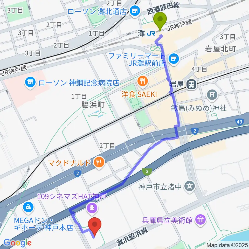 灘駅からSysmex Kobe Ice Campusへのルートマップ地図