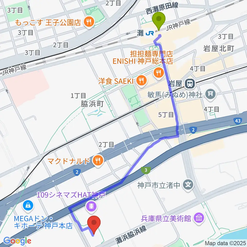 灘駅からSysmex Kobe Ice Campusへのルートマップ地図