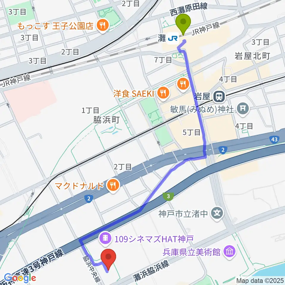 灘駅からSysmex Kobe Ice Campusへのルートマップ地図