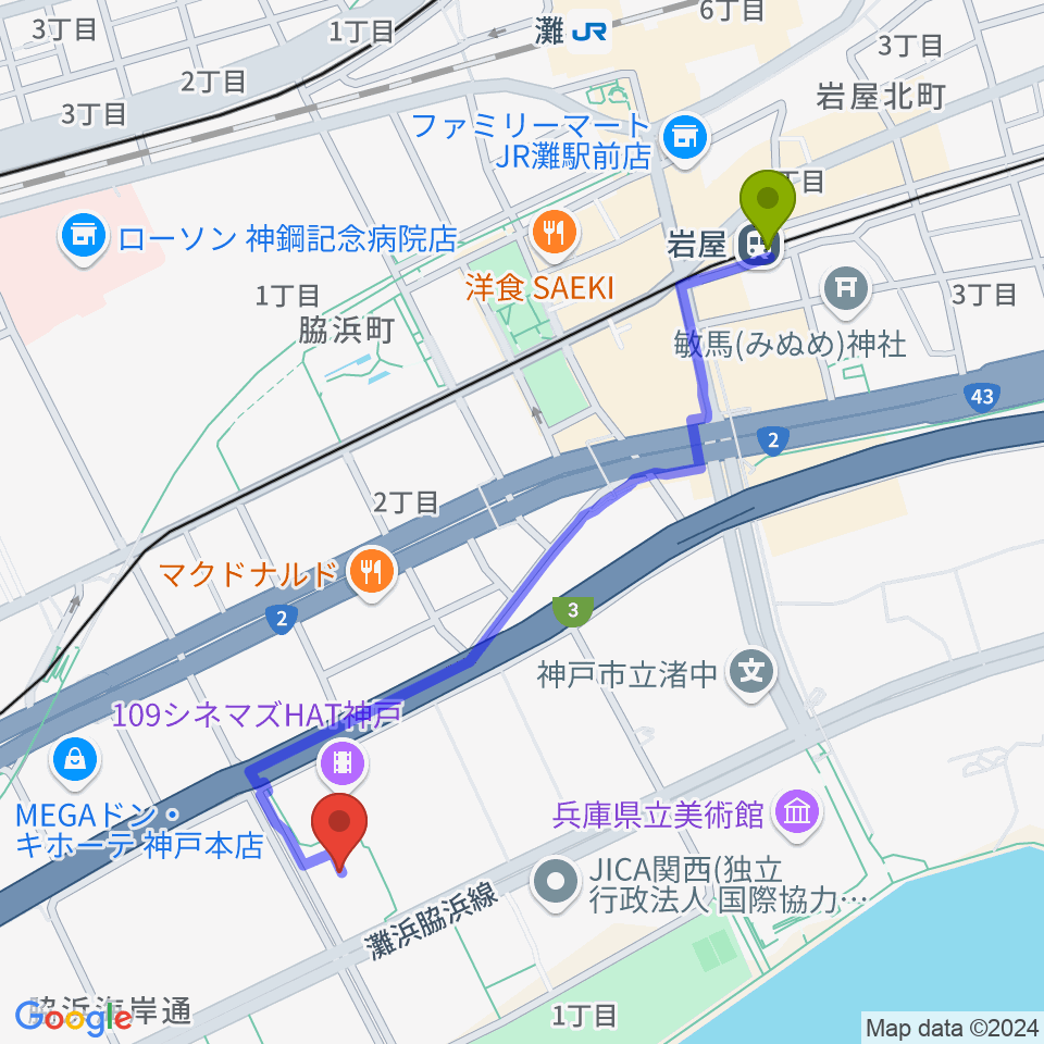 岩屋駅からSysmex Kobe Ice Campusへのルートマップ地図