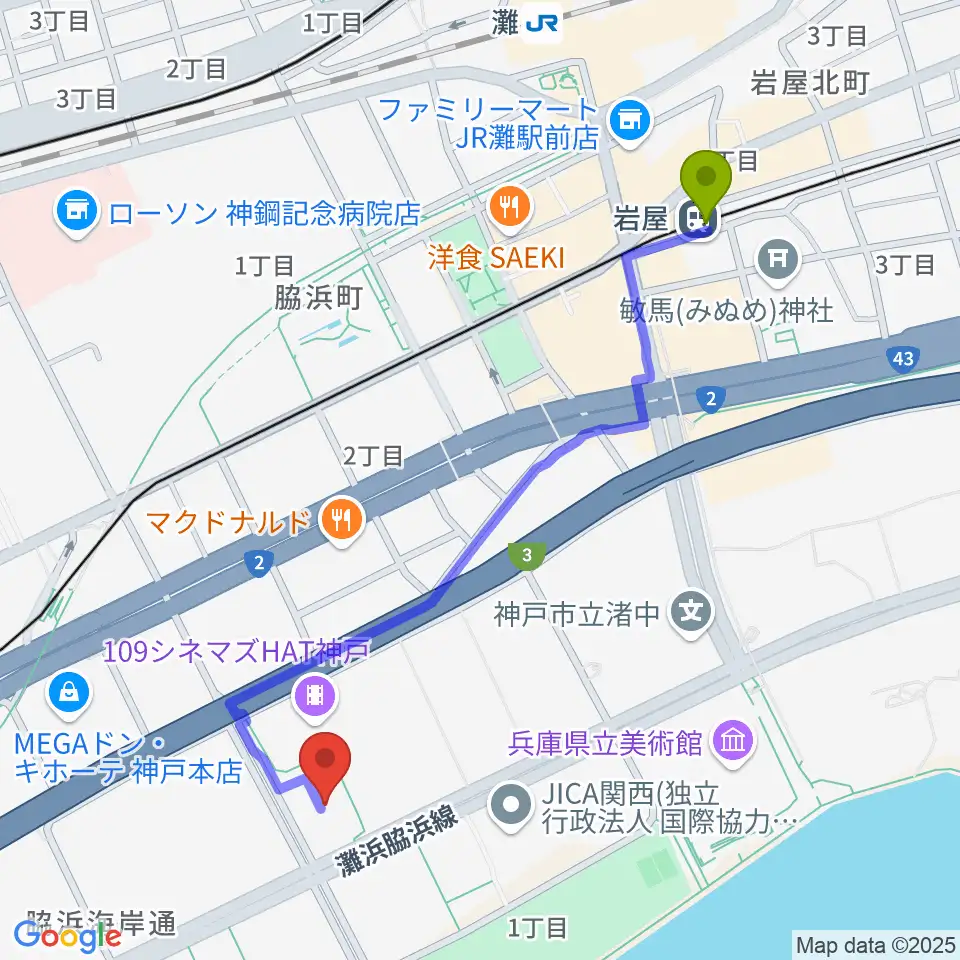 岩屋駅からSysmex Kobe Ice Campusへのルートマップ地図