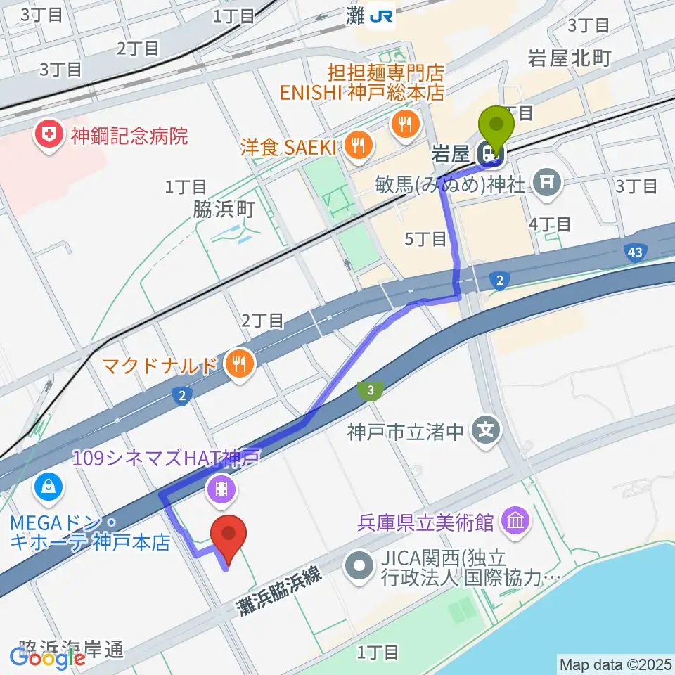 岩屋駅からSysmex Kobe Ice Campusへのルートマップ地図
