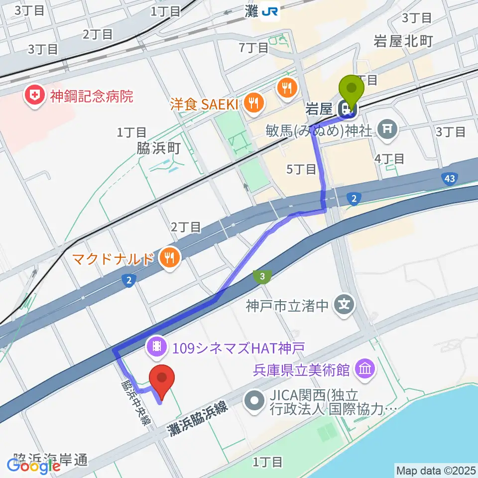 岩屋駅からSysmex Kobe Ice Campusへのルートマップ地図