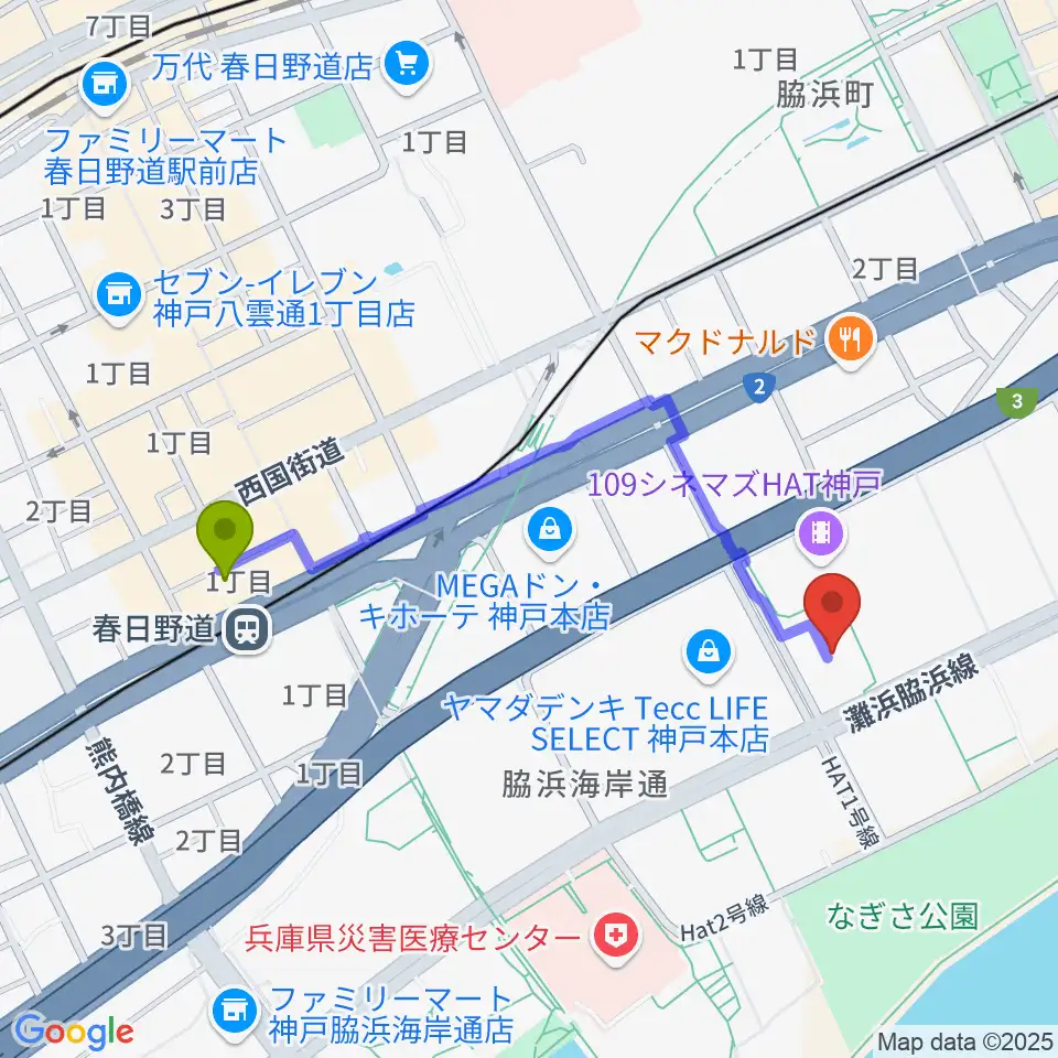 Sysmex Kobe Ice Campusの最寄駅春日野道駅からの徒歩ルート（約9分）地図